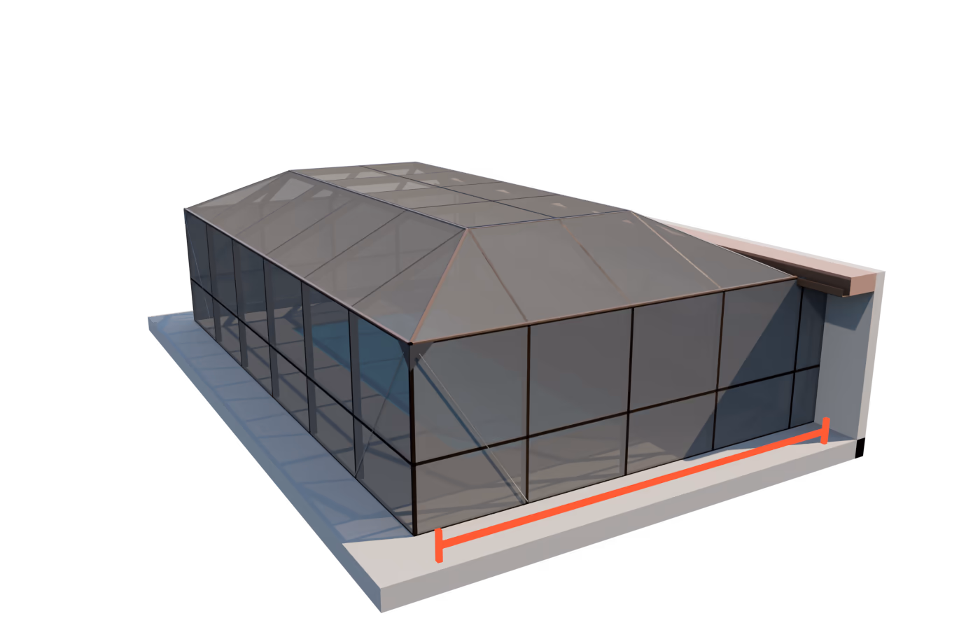 Pool cage with the width highlighted, running from the house wall out to the front